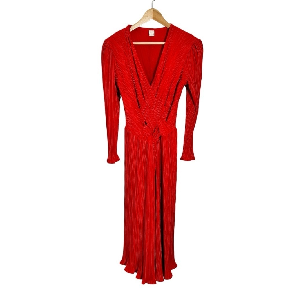 Vintage Plisse Fortuny Style Deep V Red Dress Made in France